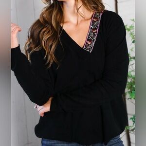 Black V-Neck Long Sleeve Sweater with Sequined Trim